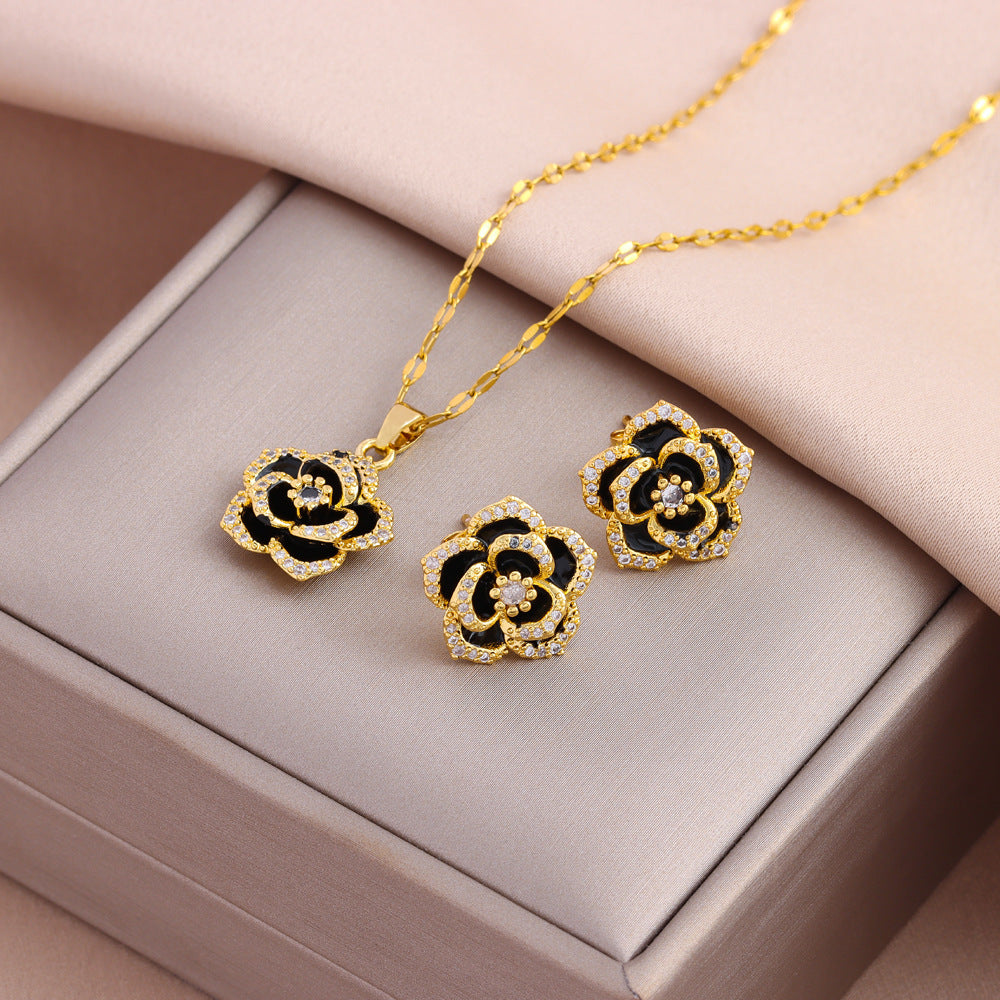 Wholesale Titanium Steel Zircon Earring Necklace Set